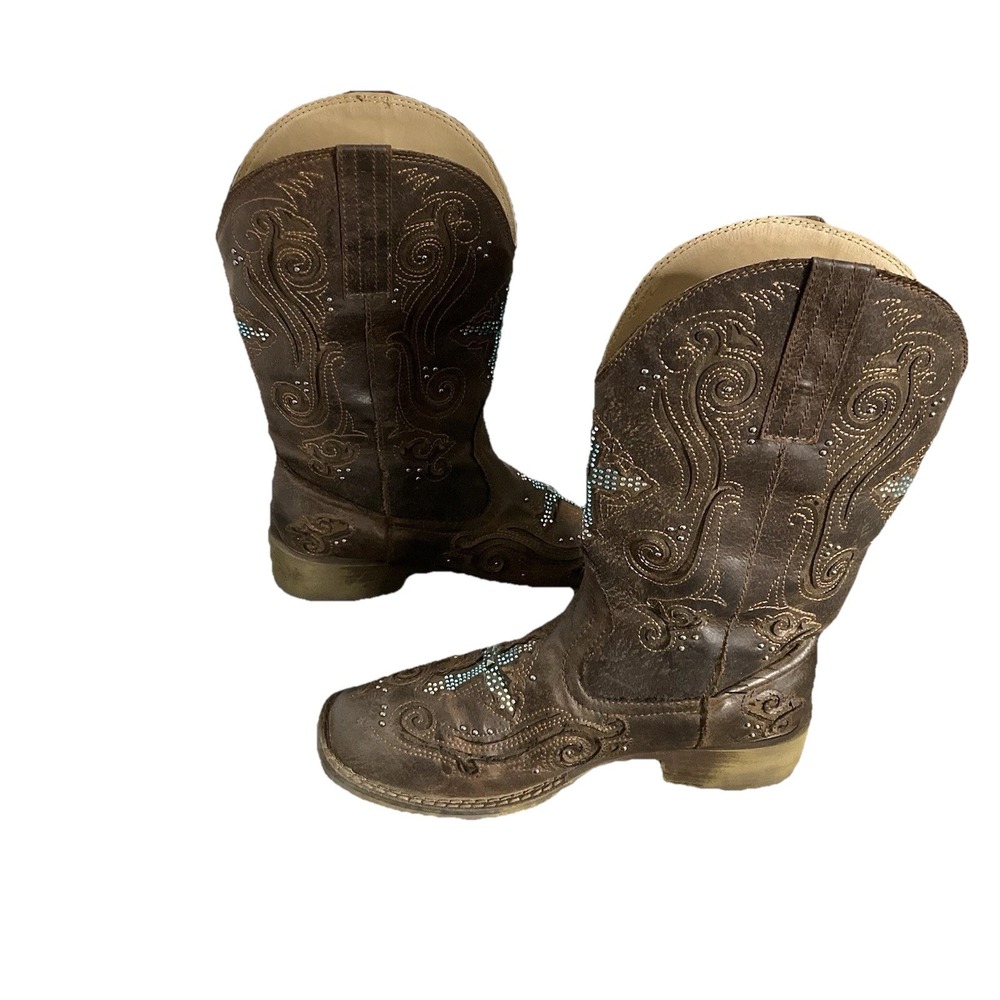 Roper Brown Distressed Leather Embellished Cross Square Toe Cowboy Boots Women's